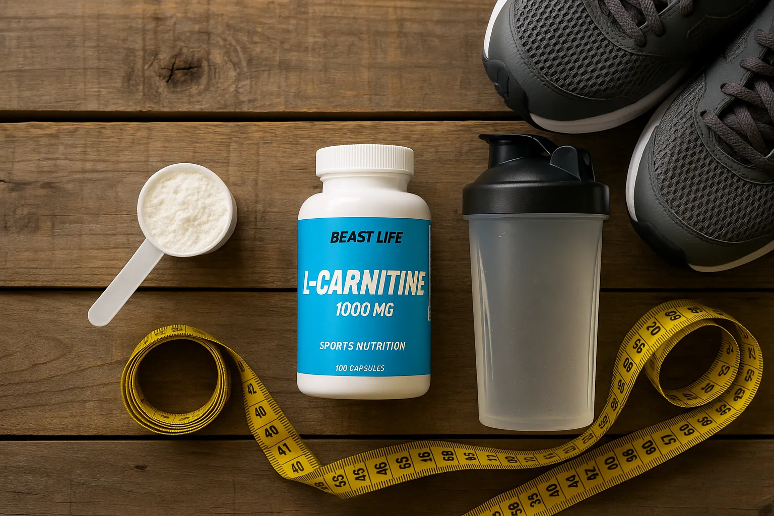 देहाती लकड़ी की टेबल पर BEAST LIFE L-Carnitine सप्लीमेंट बोतल - प्रति सर्विंग 0 कैलोरी