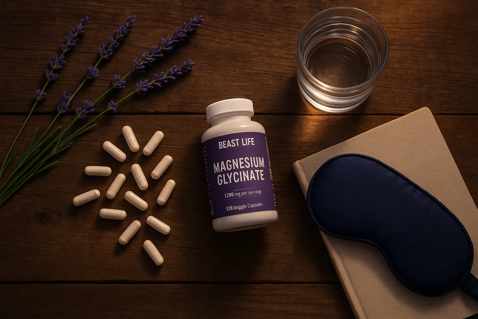 Flacon de complément BEAST LIFE Glycinate de Magnésium sur table en bois rustique - 0 calorie par portion