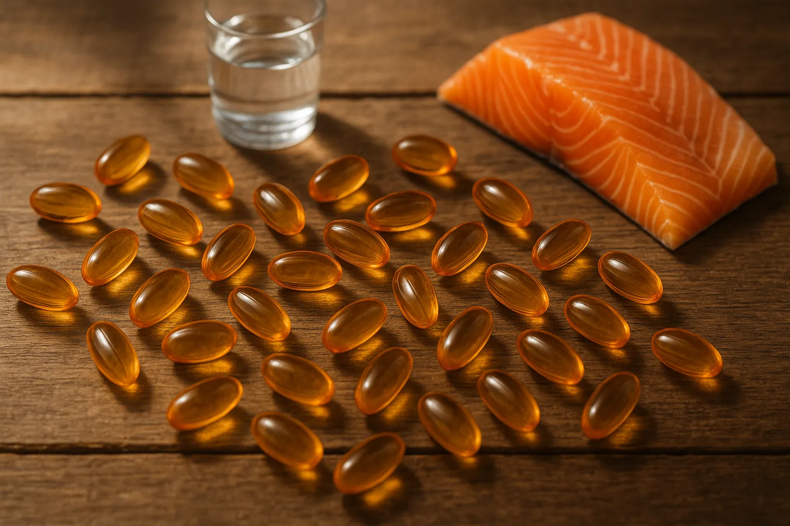 Frische Omega-3 Fischöl Weichkapseln auf rustikalem Holztisch - 20 Kalorien pro 2 Weichkapseln