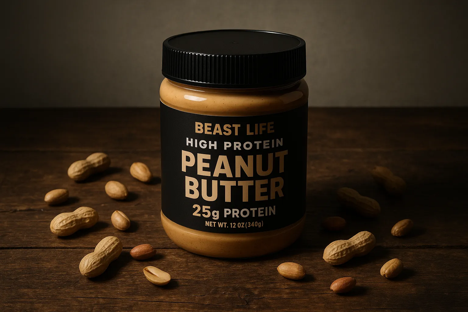 BEAST LIFE High Protein Peanut Butter sur table en bois rustique - 190 calories par 2 c. à soupe
