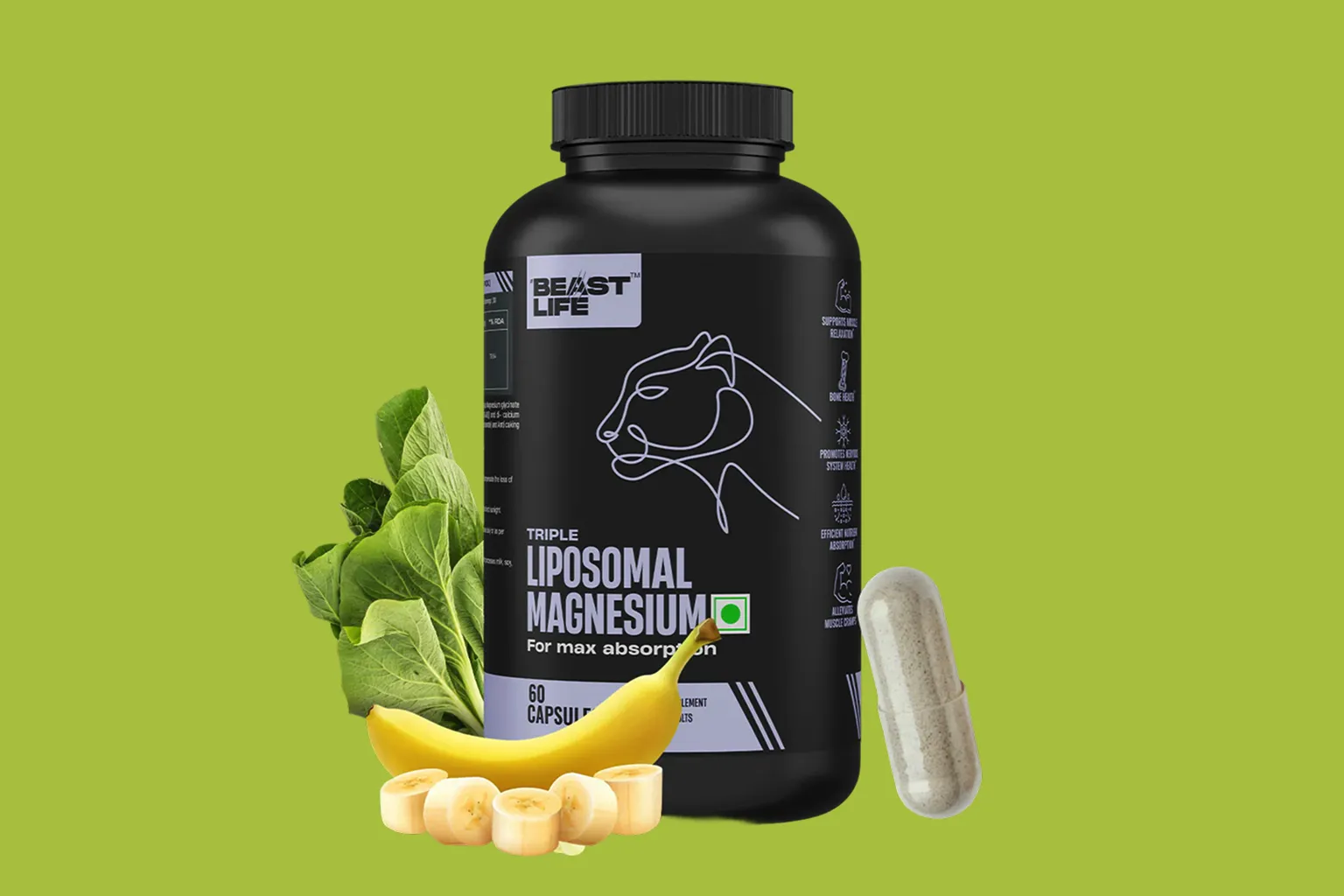 Frisches BeastLife Liposomal Triple Magnesium auf rustikalem Holztisch - 300 mg pro Kapsel