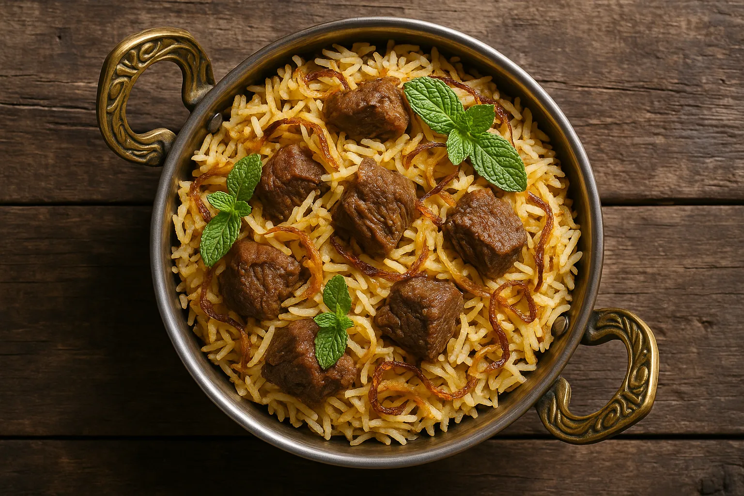 Fresh beef biryani on rustic wooden table - 495 calories per serving