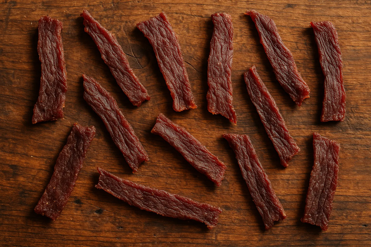 Fresh beef jerky strips on rustic wooden table - 116 calories per ounce