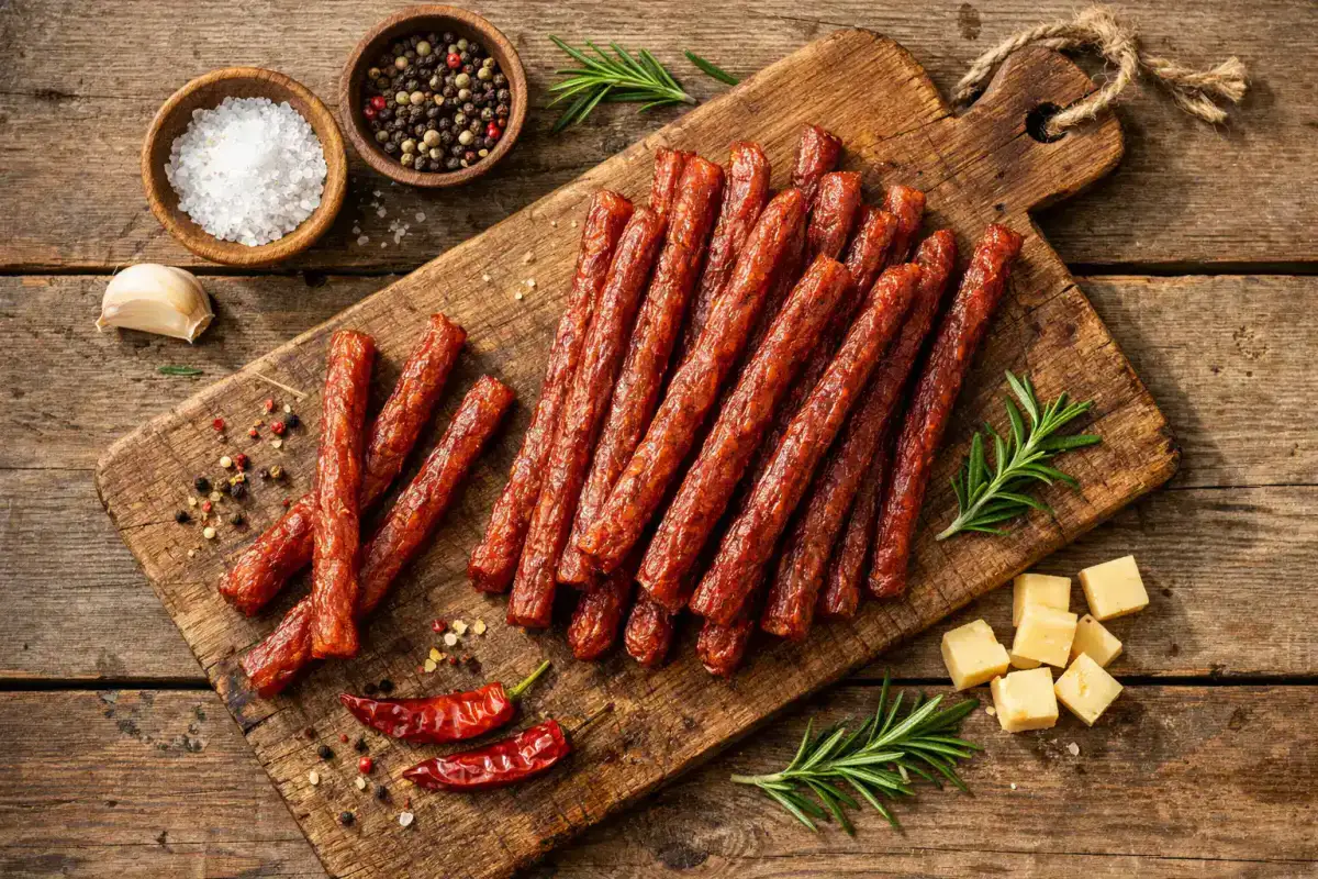 रस्टिक लकड़ी की टेबल पर ताजा बीफ स्टिक - 110 कैलोरी प्रति स्टिक