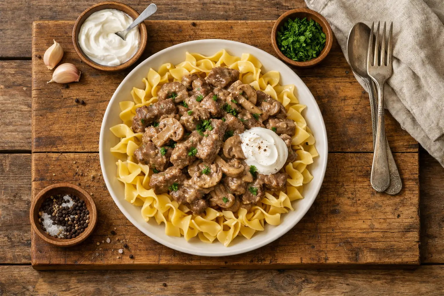 Beef stroganoff frais sur table en bois rustique - 275 calories par portion