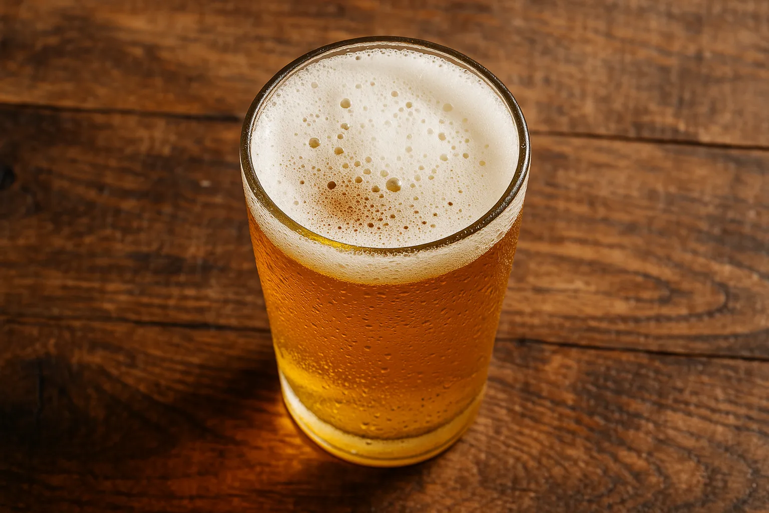 Frisches Bierglas auf rustikalem Holztisch - 153 Kalorien pro 12oz Portion