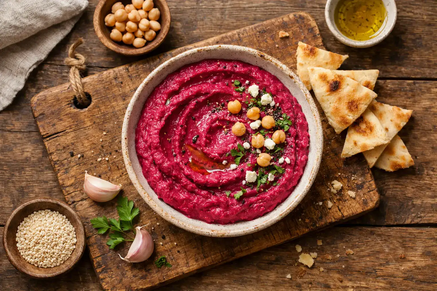 Frischer Rote-Bete-Hummus auf rustikalem Holztisch – 70 Kalorien pro 2 EL Portion
