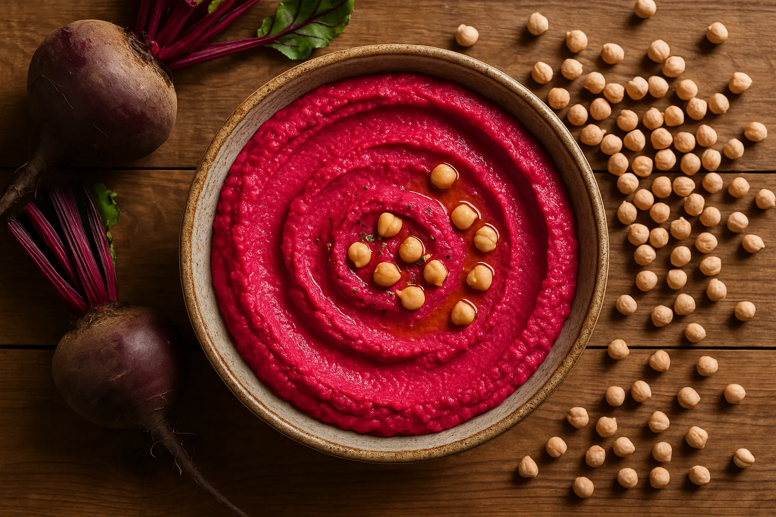 Fresh beetroot hummus on rustic wooden table - 170 calories per 100g