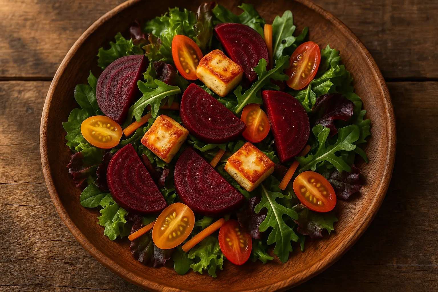 Ensalada fresca de remolacha y paneer en plato de madera con verduras mixtas, verduras coloridas - 180 calorías por taza