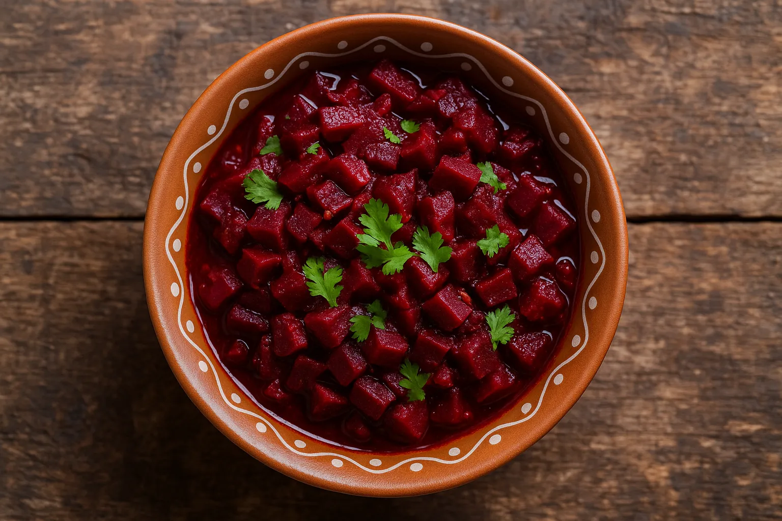 Sabji de betterave frais sur table rustique en bois - 88 calories pour 100g