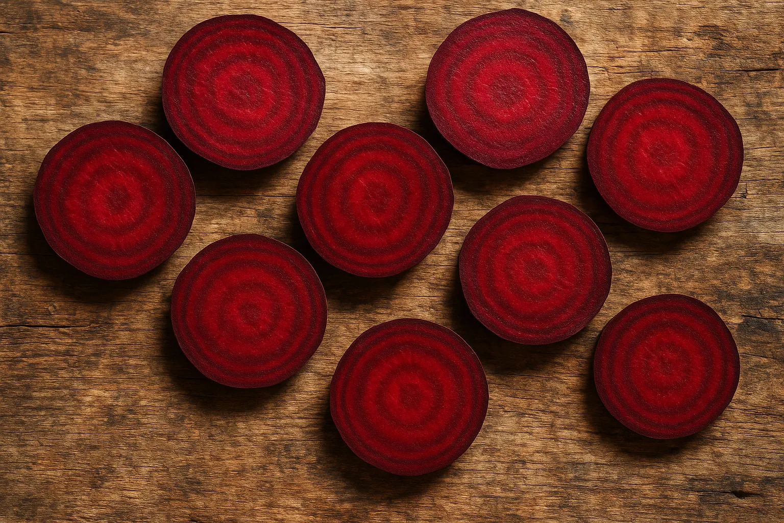 Rodajas de remolacha fresca sobre mesa de madera rústica - 43 calorías por 100 g