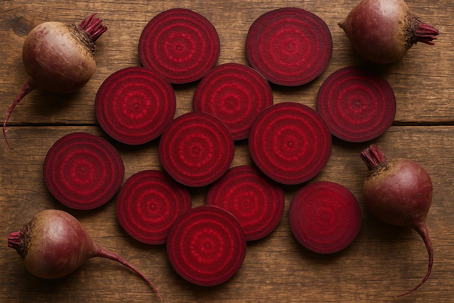 Tranches de betterave fraîche sur table rustique en bois - 43 calories pour 100 g