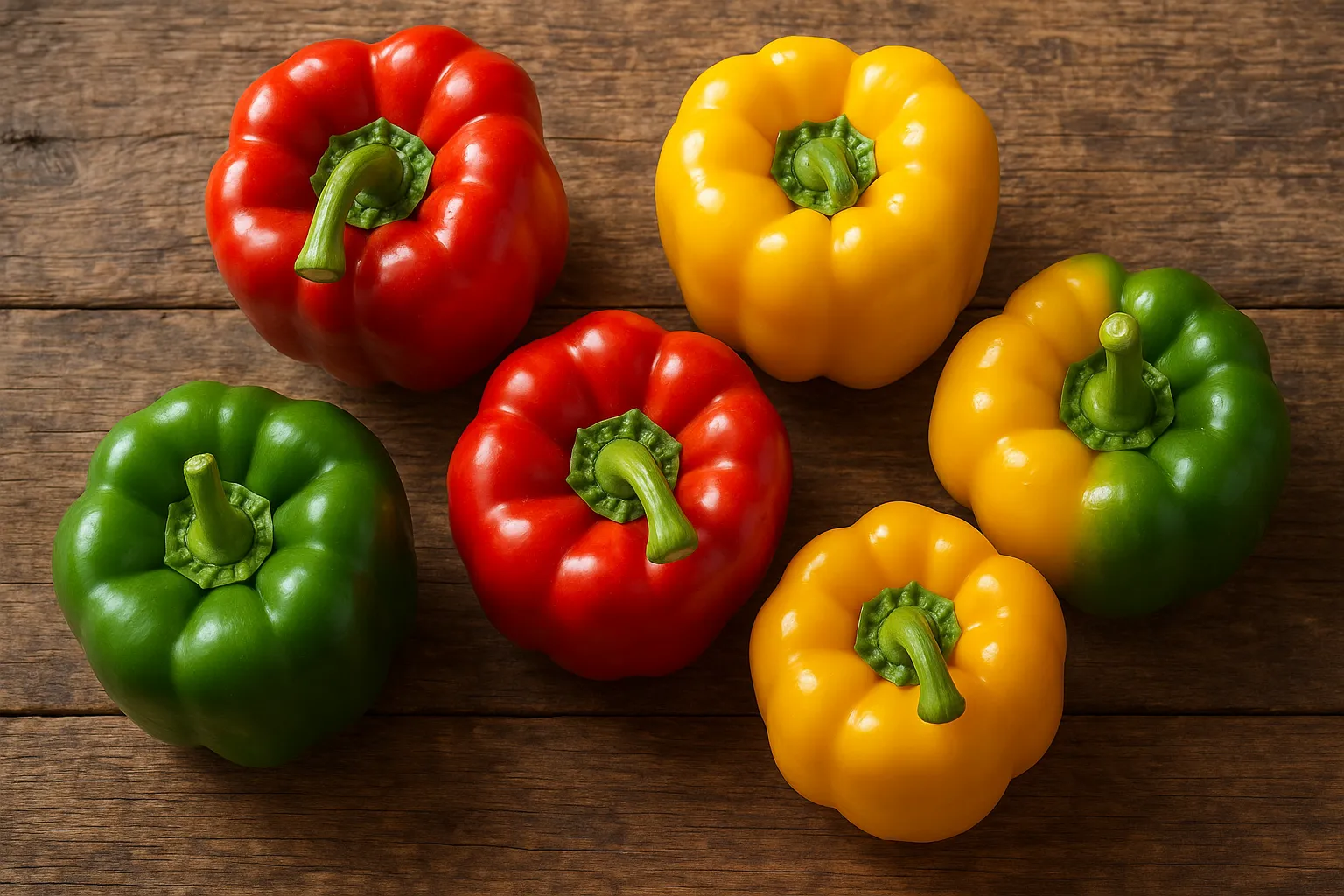 Fresh bell peppers on rustic wooden table - 31 calories per 100g
