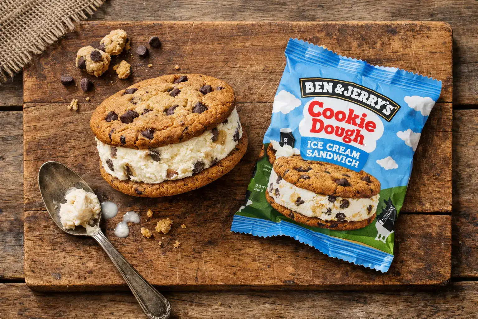 Ben & Jerry's Cookie Dough Ice Cream Sandwich en mesa de madera rústica - 219 calorías por sándwich