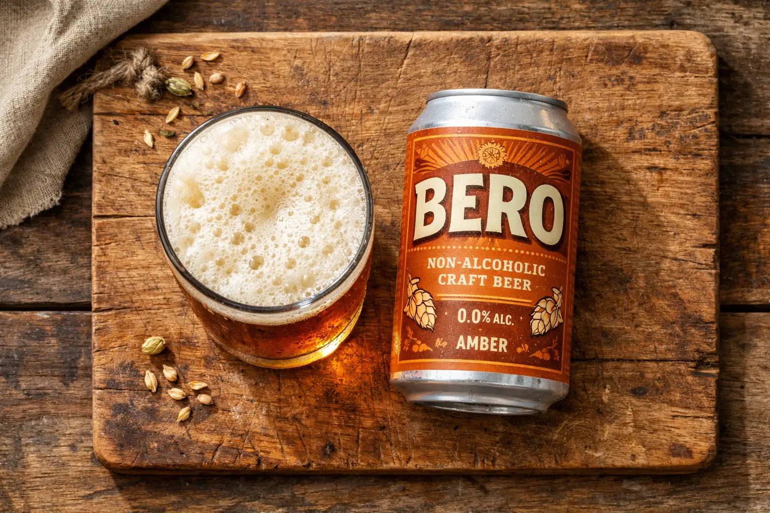 Bero non-alcoholic craft beer on rustic wooden table - 70-88 calories per can