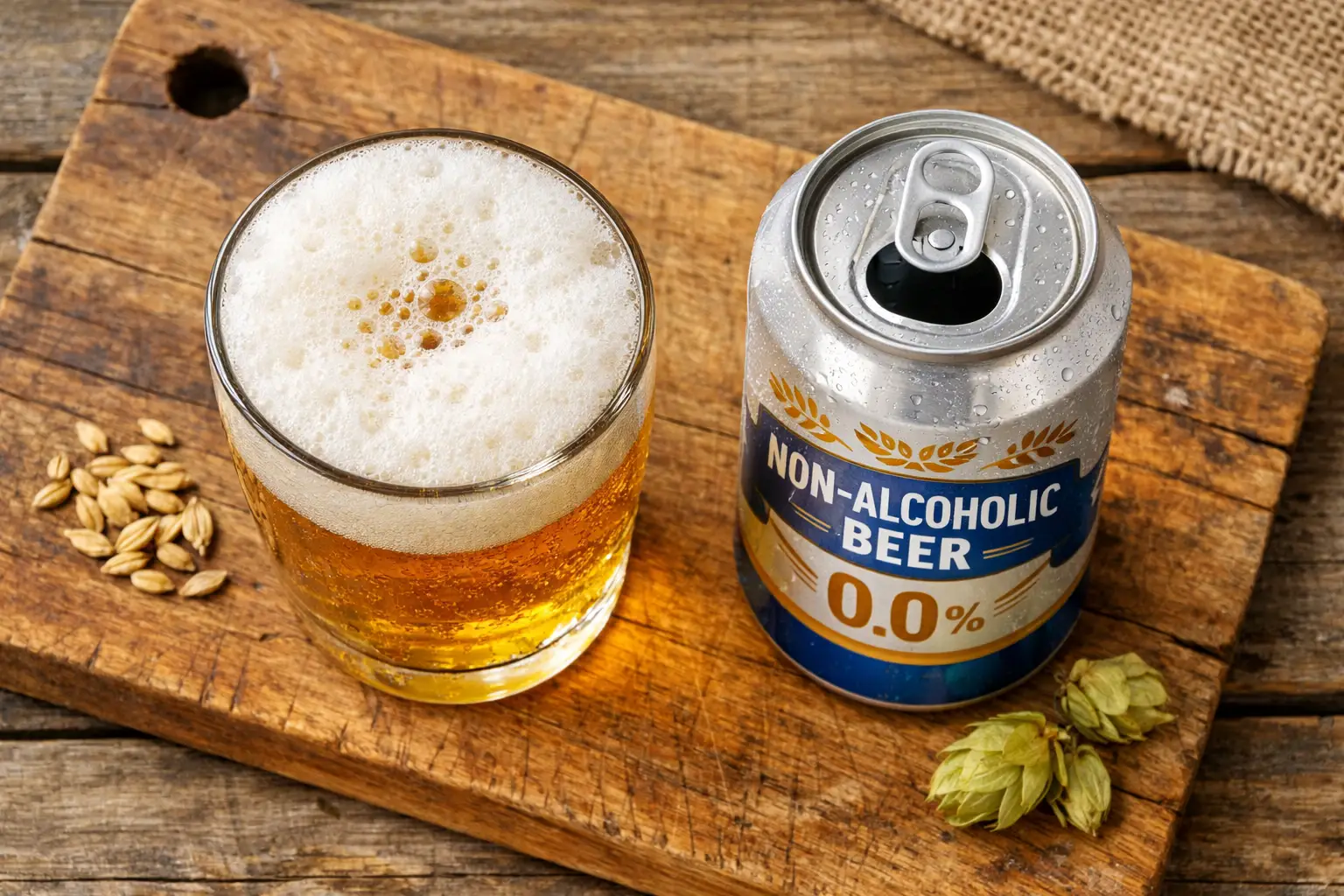 Fresh non-alcoholic beer on rustic wooden table - 88 calories per 355ml can