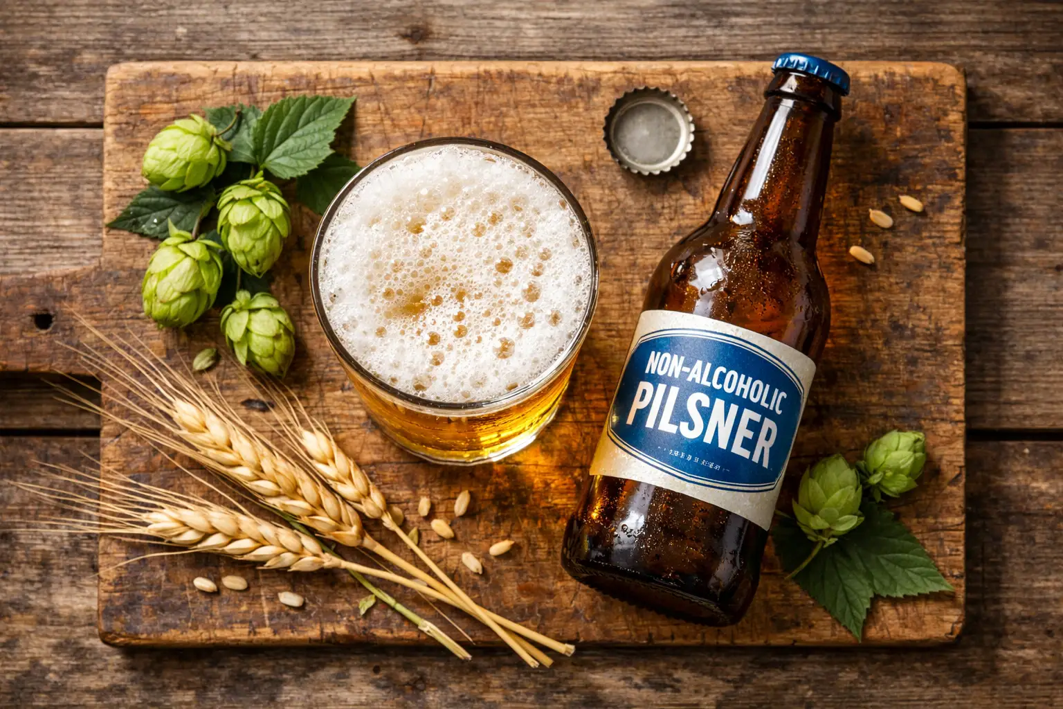 Biere sans alcool fraiche sur une table en bois rustique - 88 calories par canette de 355 ml