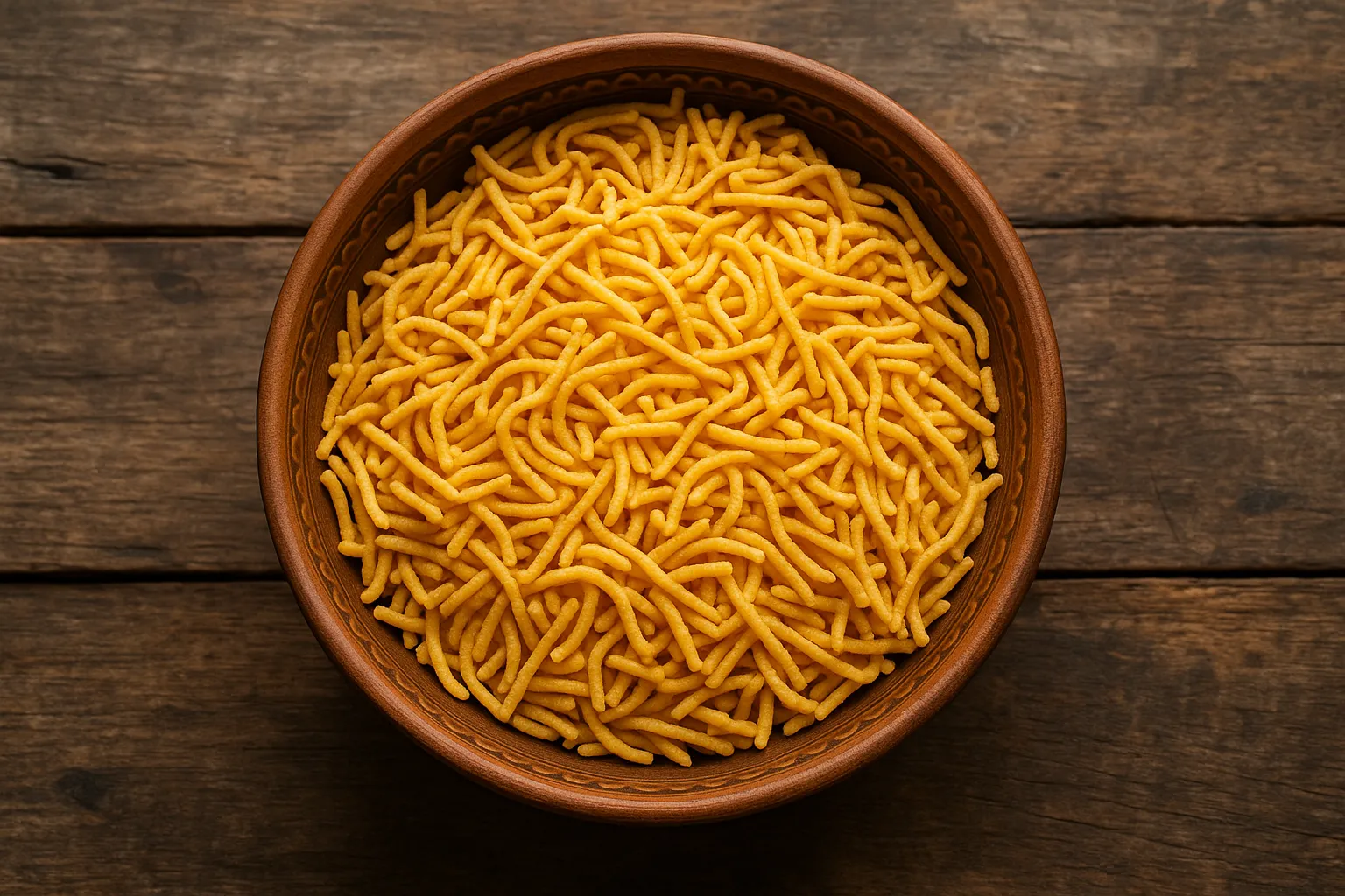 Besan bhujia crujiente en cuenco metálico - 580 calorías por 100 g