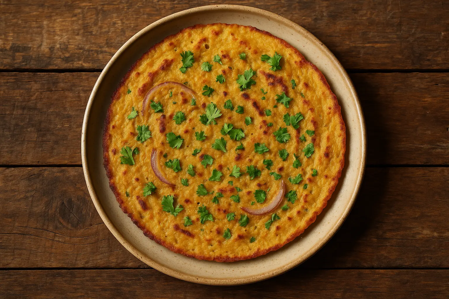 Golden-brown Besan Chilla on rustic wooden table - 180 calories per piece