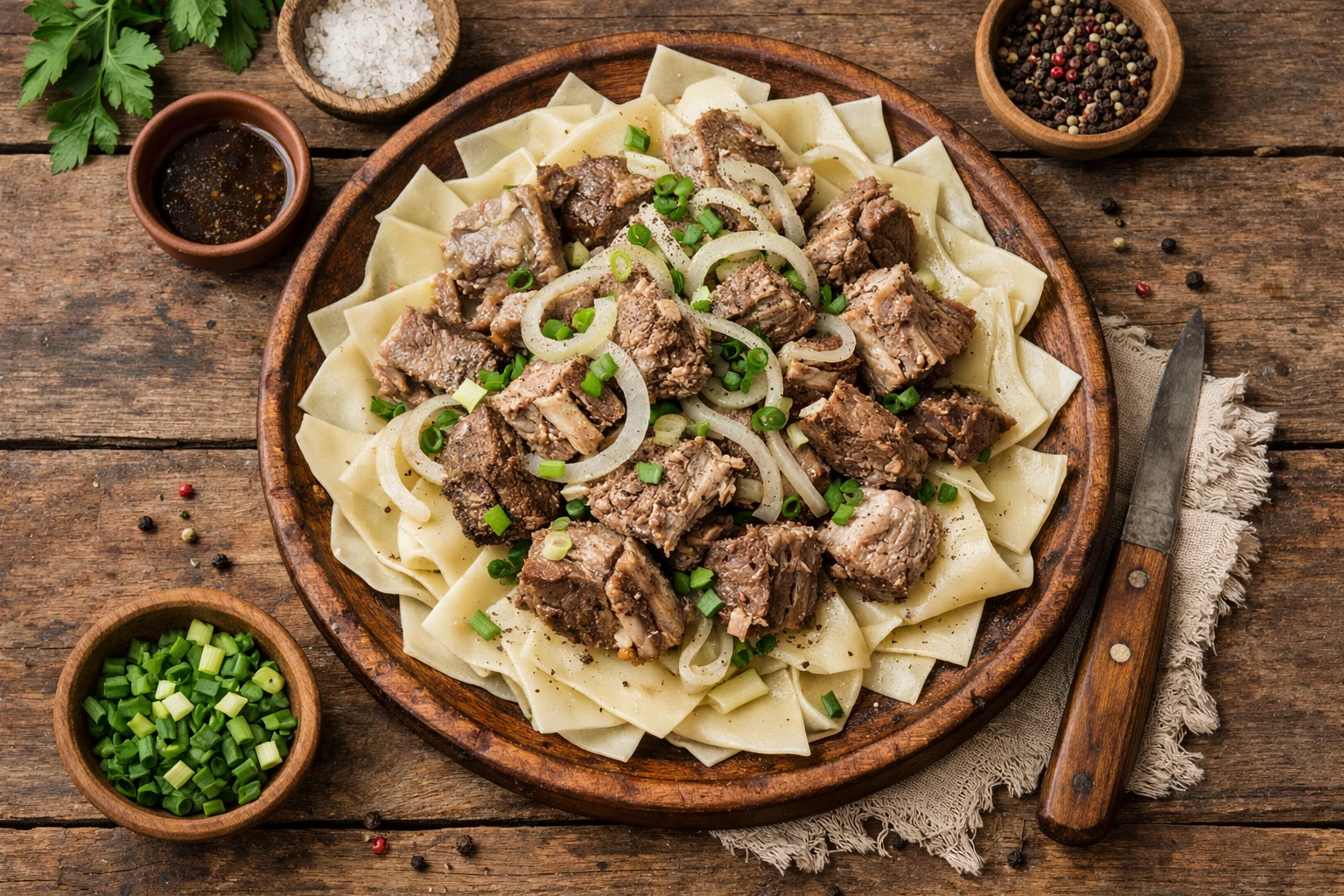 Frisches Beshbarmak auf rustikalem Holztisch - 420 Kalorien pro Portion