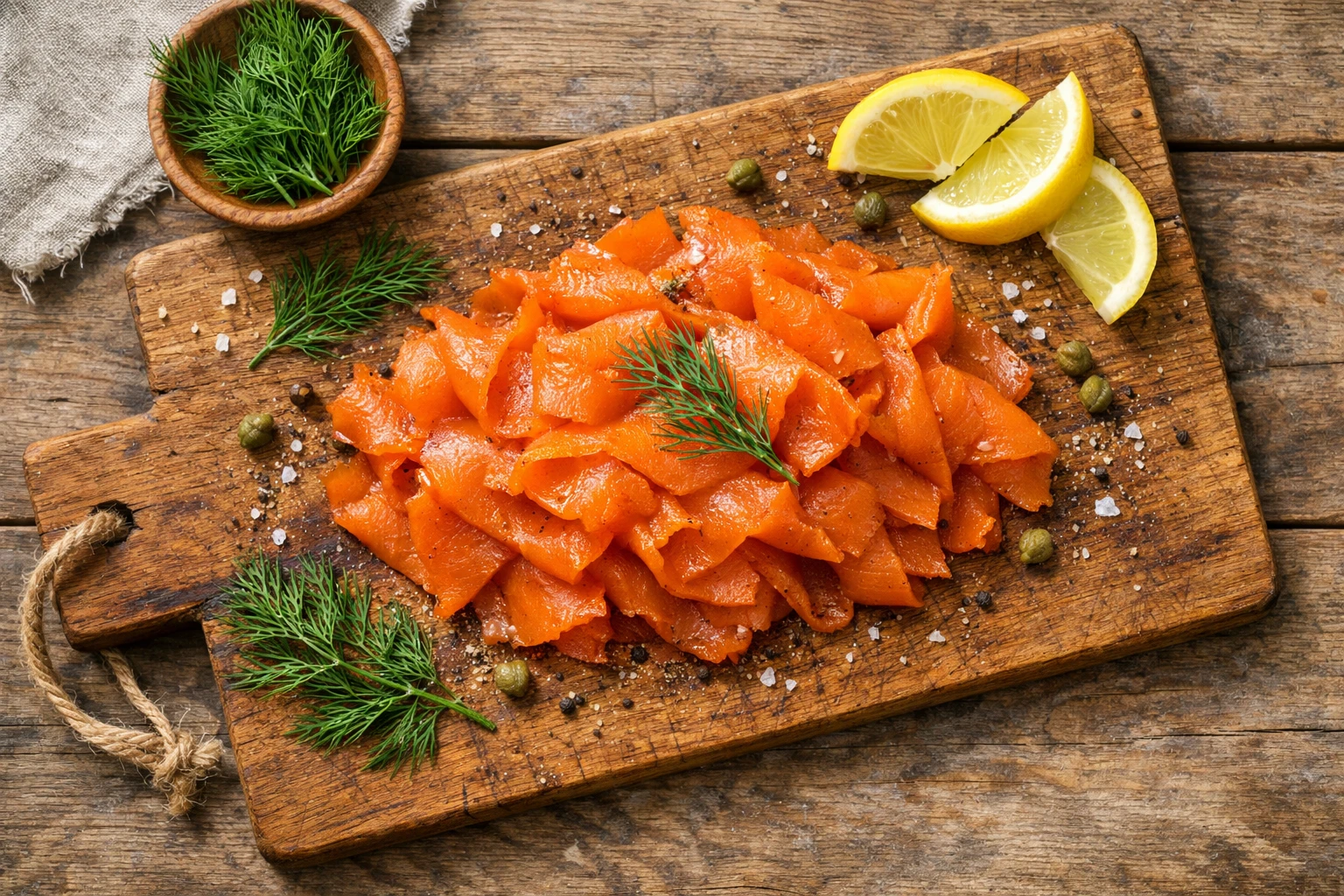 Frischer BettaF!sh SAL-NOM auf rustikalem Holztisch - 140 Kalorien pro 100g