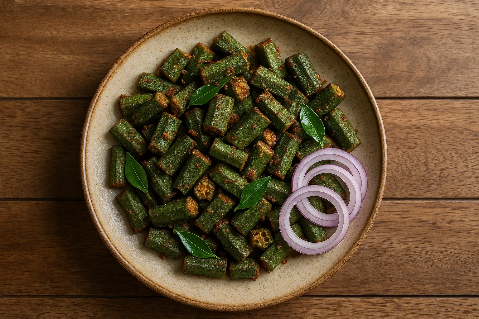लकड़ी की टेबल पर ताज़ी भिंडी फ्राई - 100g में 90-150 कैलोरी