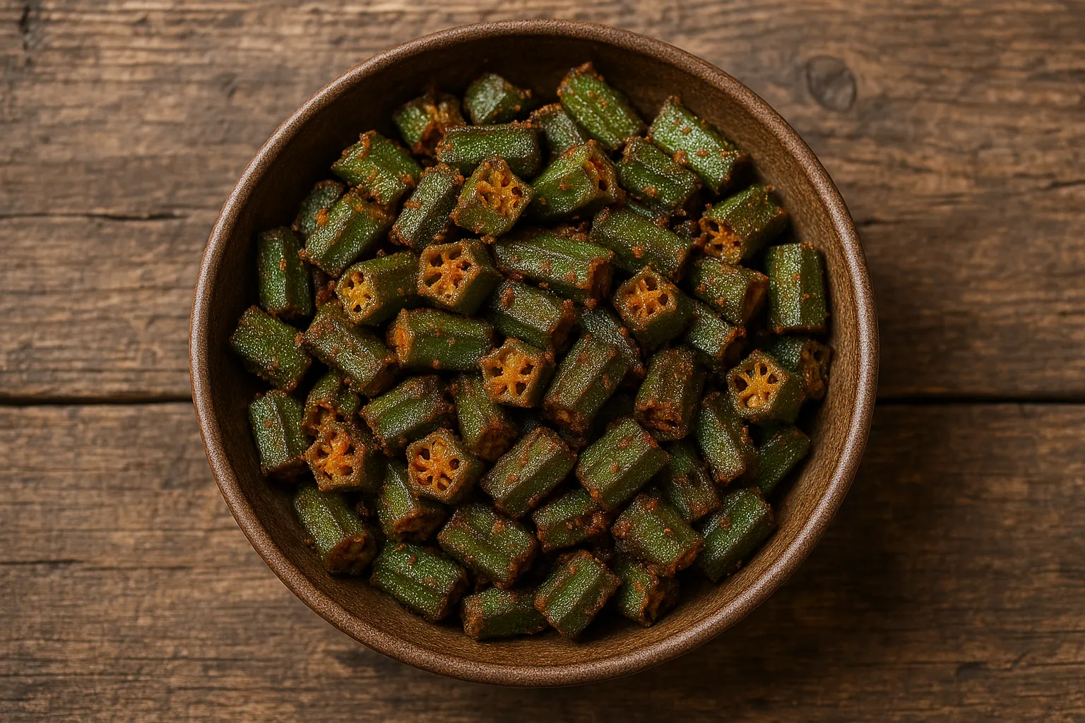 Fresh bhindi fry on rustic wooden table - 90 calories per 100g