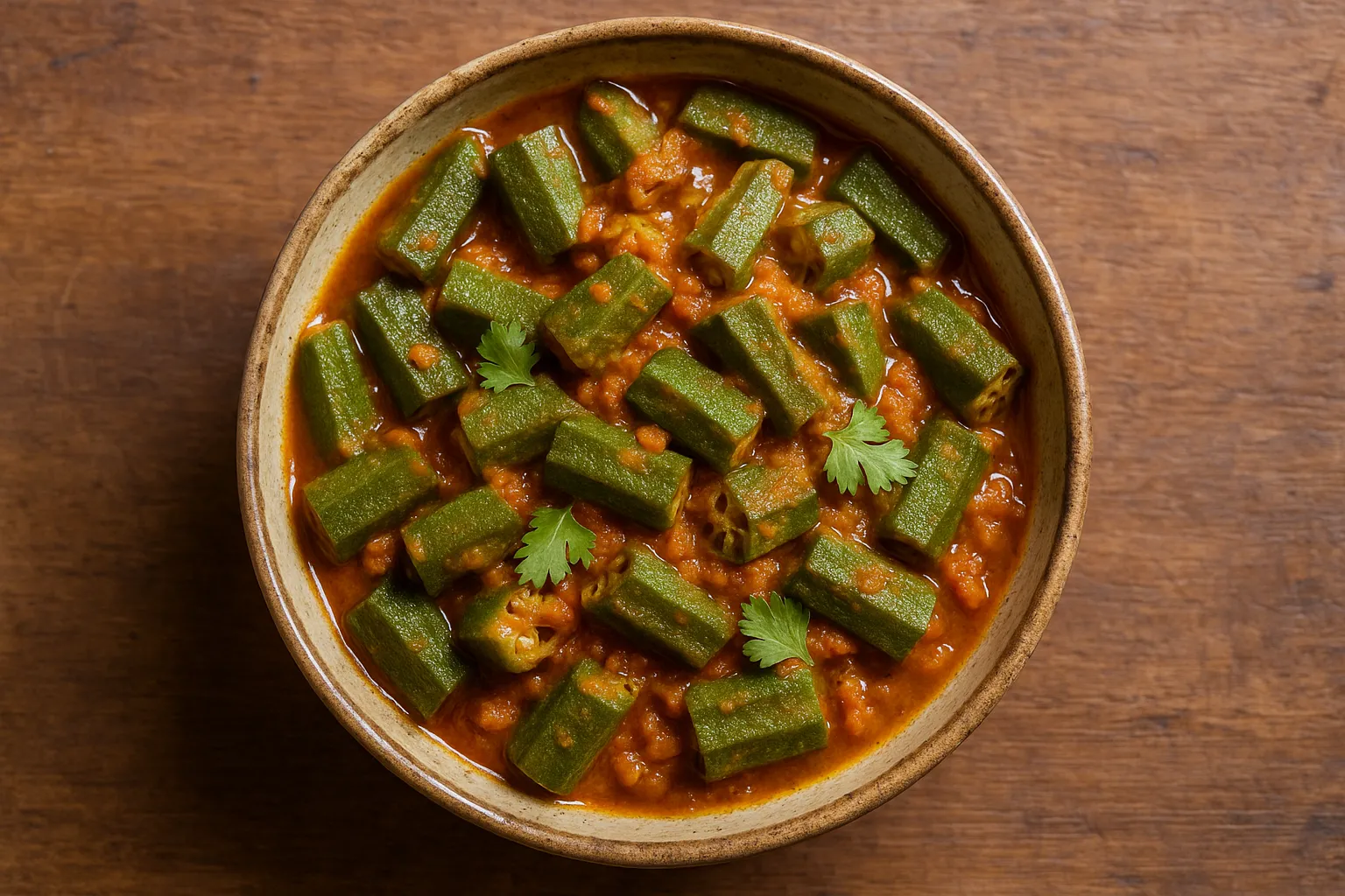 Bhindi masala frais sur table en bois rustique - 75 calories pour 100 g