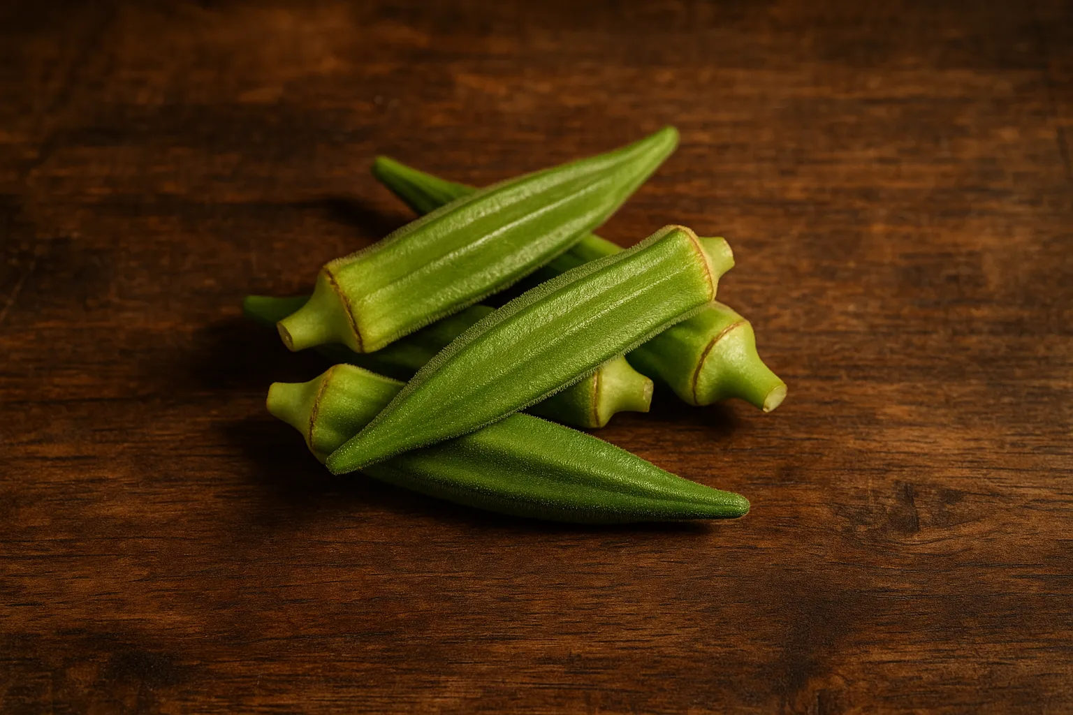 Frisches Bhindi auf rustikalem Holztisch - 70 Kalorien pro 100 g