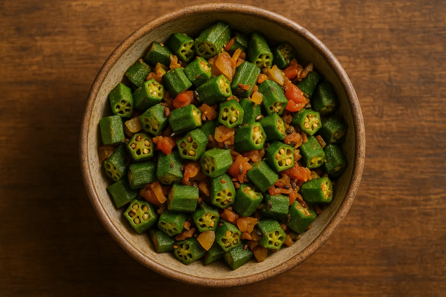 Fresh bhindi sabzi on rustic wooden table - 65 calories per 100g