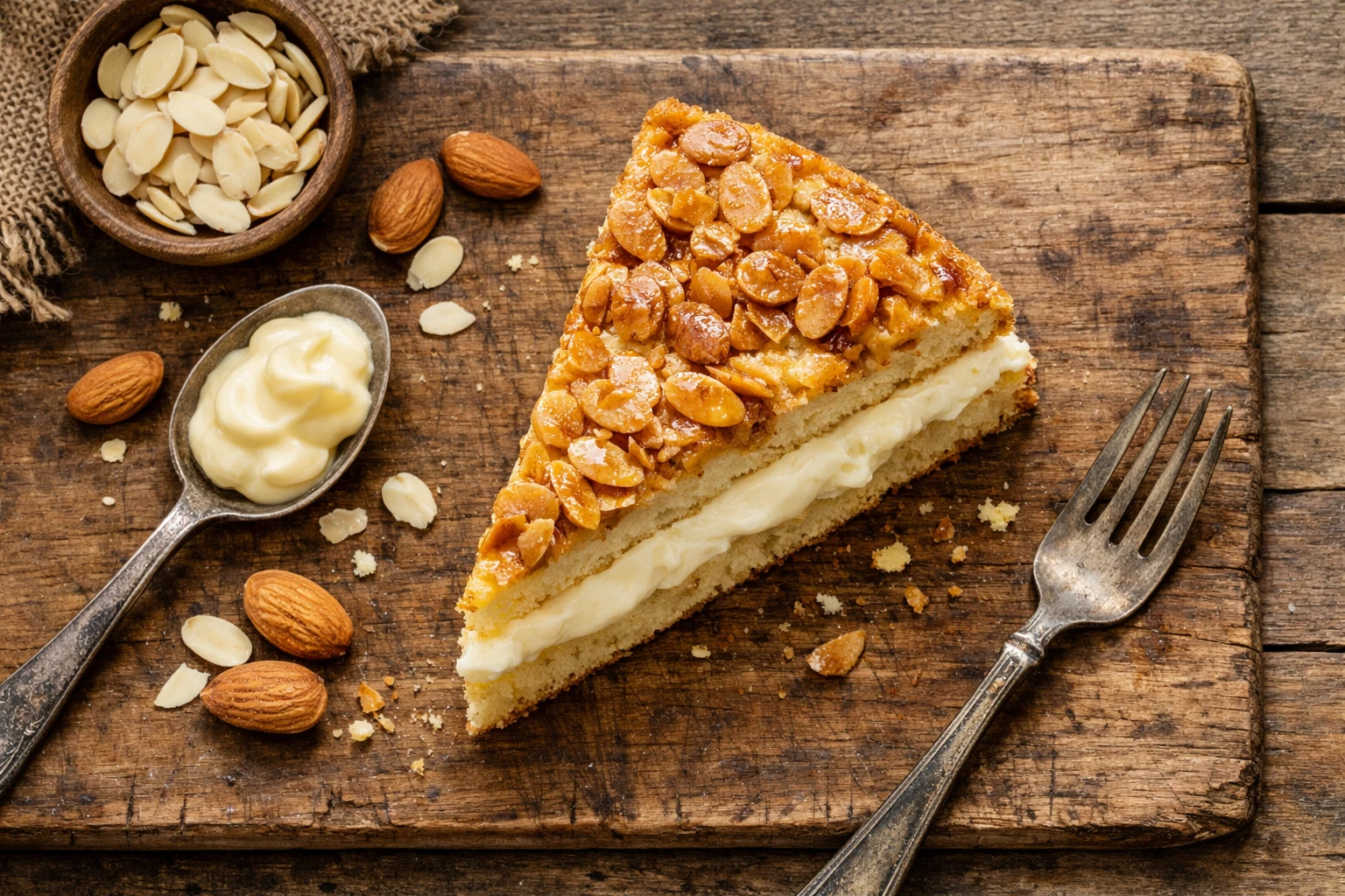 Fresh Bienenstich cake slice on rustic wooden table - 350 calories per 100g slice