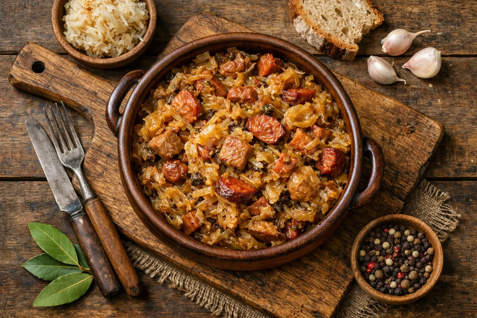 Fresh bigos polish hunter's stew in ceramic bowl - 240 calories per 300g serving