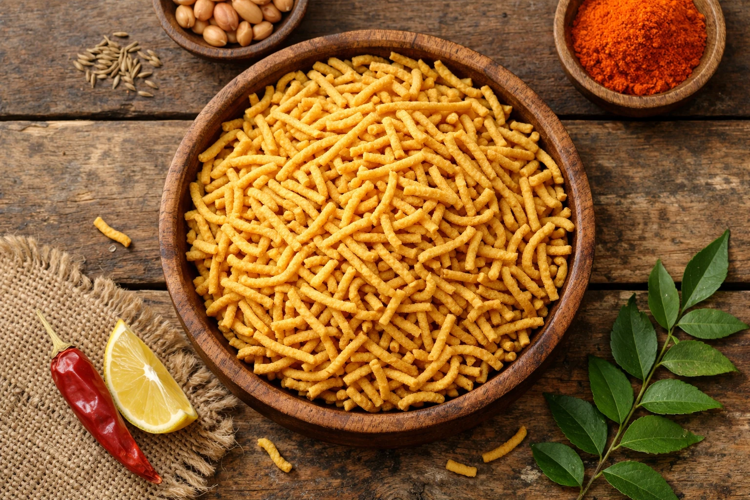 Fresh Bikaneri Bhujia besan noodles on rustic wooden table - 540 calories per 100g serving