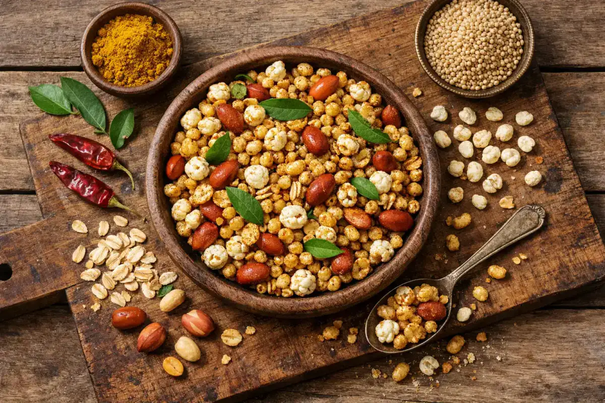 Fresh Bikaji Funkeen millet snacks on rustic wooden table - 450 calories per 100g