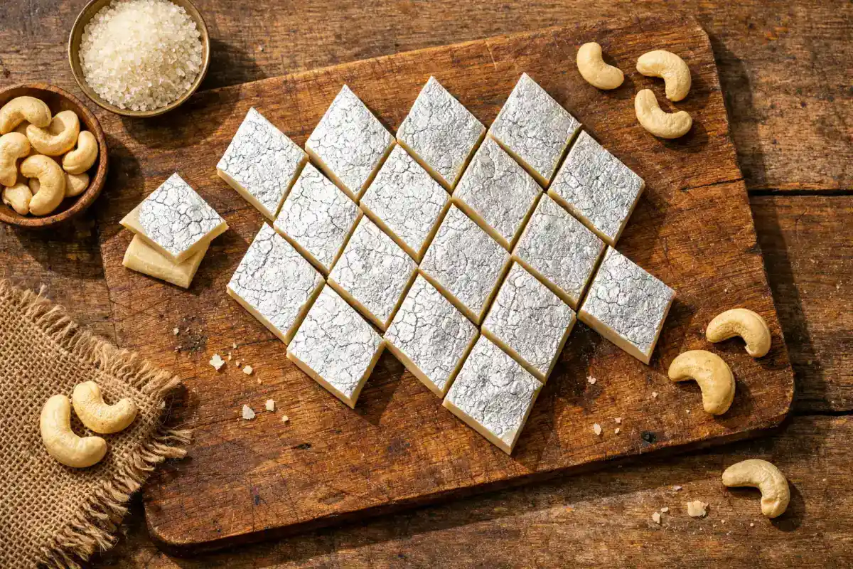 Fresh Bikaji Kaju Katli on rustic wooden table - 120 calories per piece