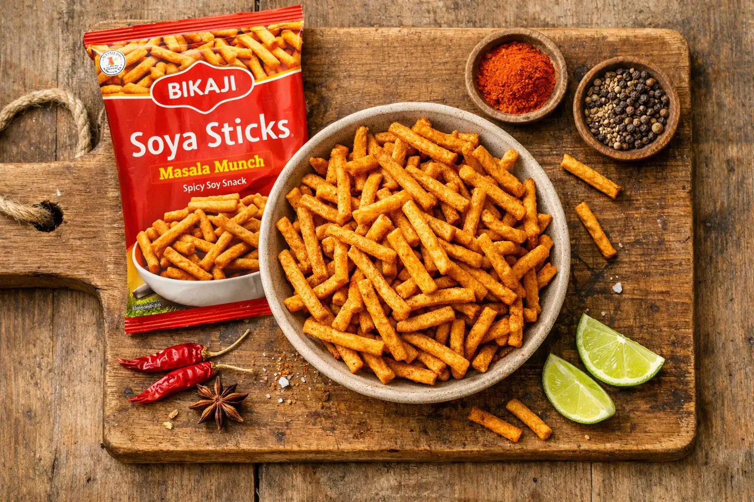 Bikaji Soya Sticks Masala Munch on rustic wooden table - 551 calories per 100g