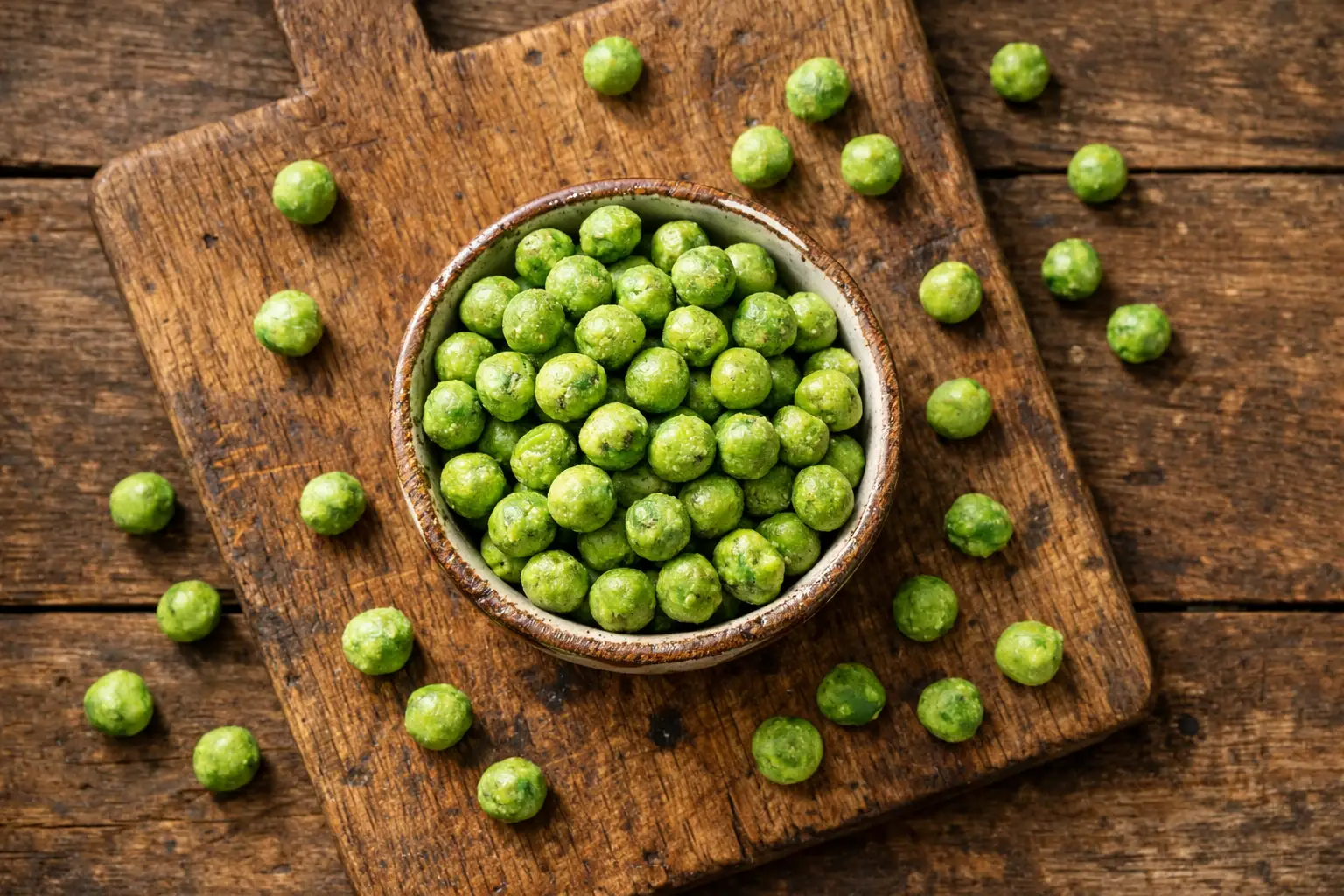 लकड़ी की टेबल पर ताजे wasabi peas - 432 कैलोरी प्रति 100 g