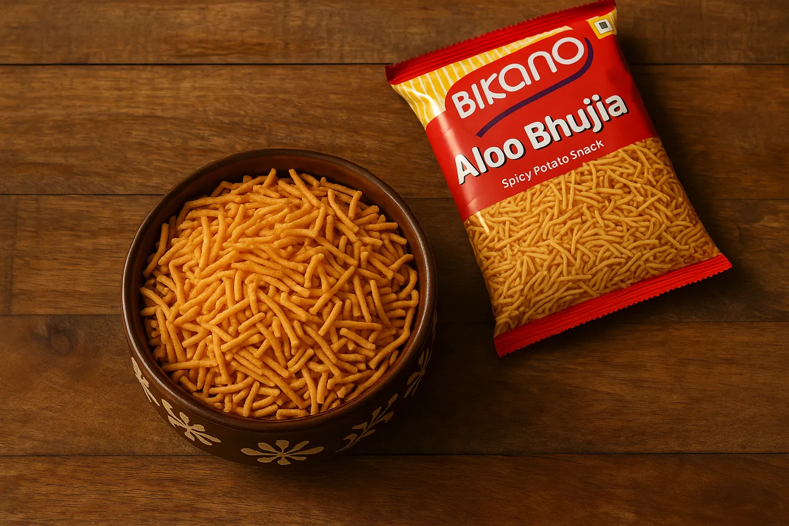 कटोरी में बिकानो आलू भुजिया देहाती सतह पर - प्रति 100 ग्राम 452 कैलोरी