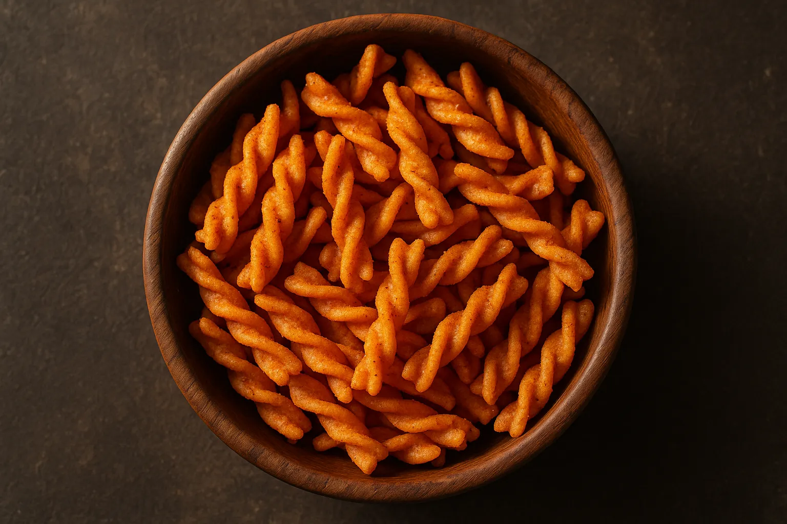 Papas fritas masala Bingo Tedhe Medhe retorcidas en tazón de madera rústica - 148 calorías por porción