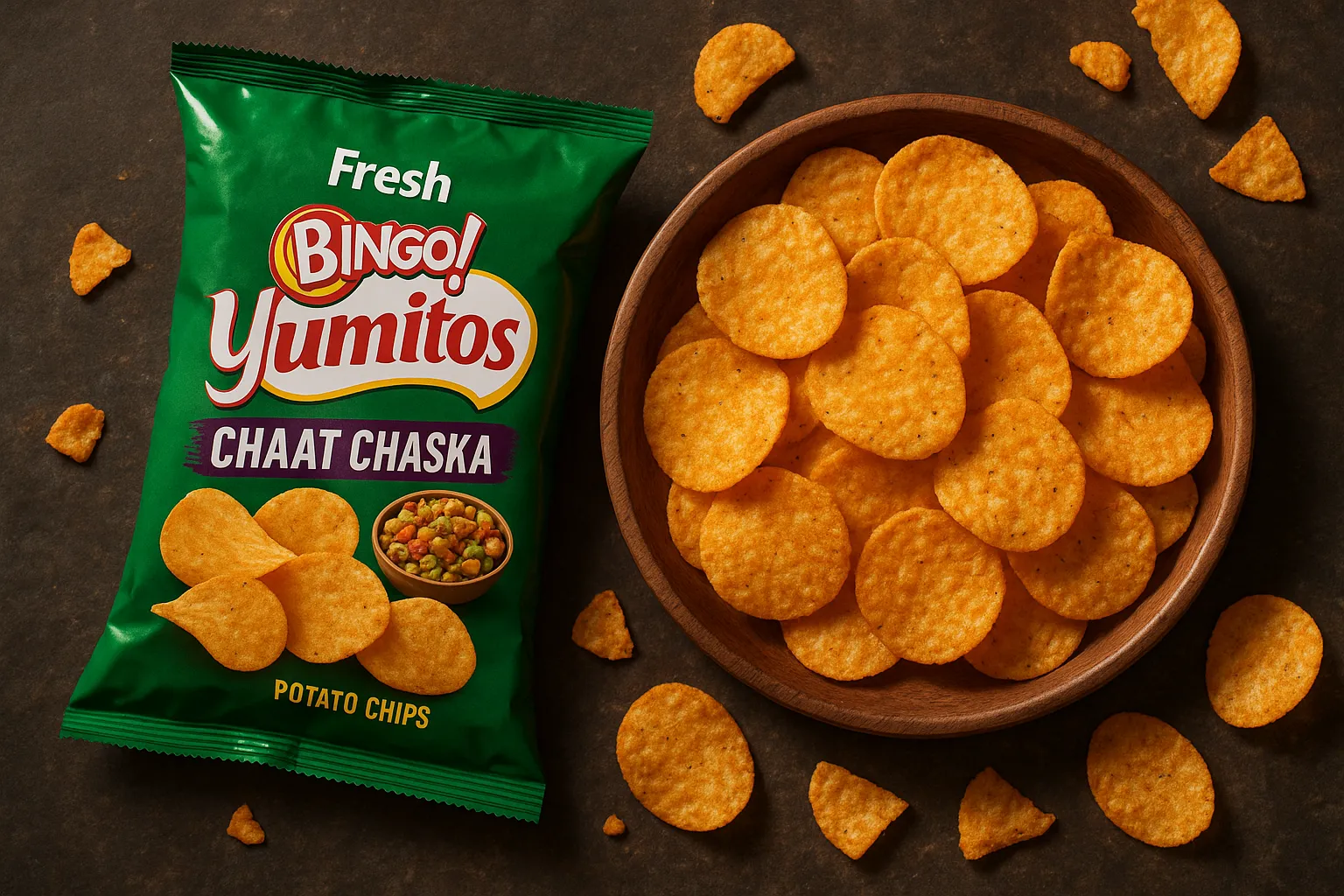 Bingo Yumitos Chaat Chaska Kartoffelchips auf rustikalem Holzteller - 145 Kalorien pro Portion