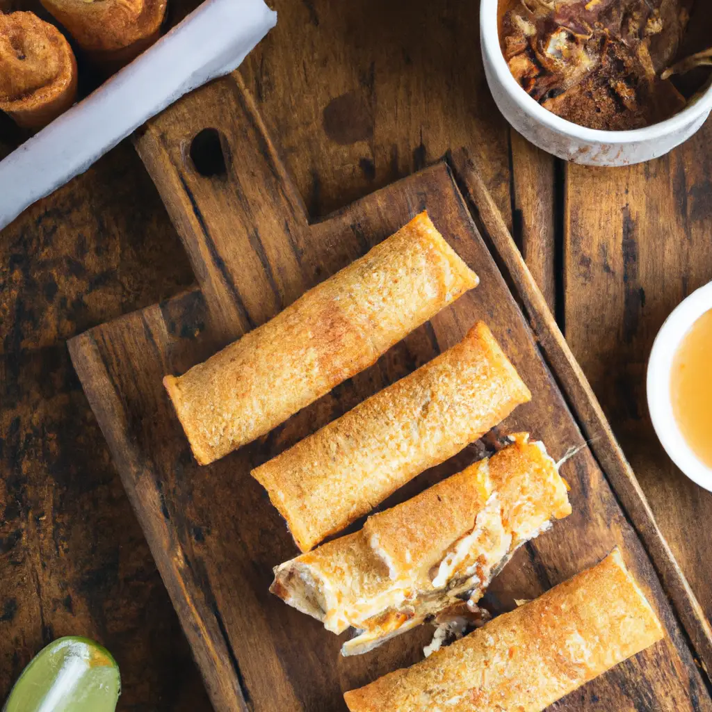 Fresh birria egg rolls on rustic wooden table - 300 calories per roll