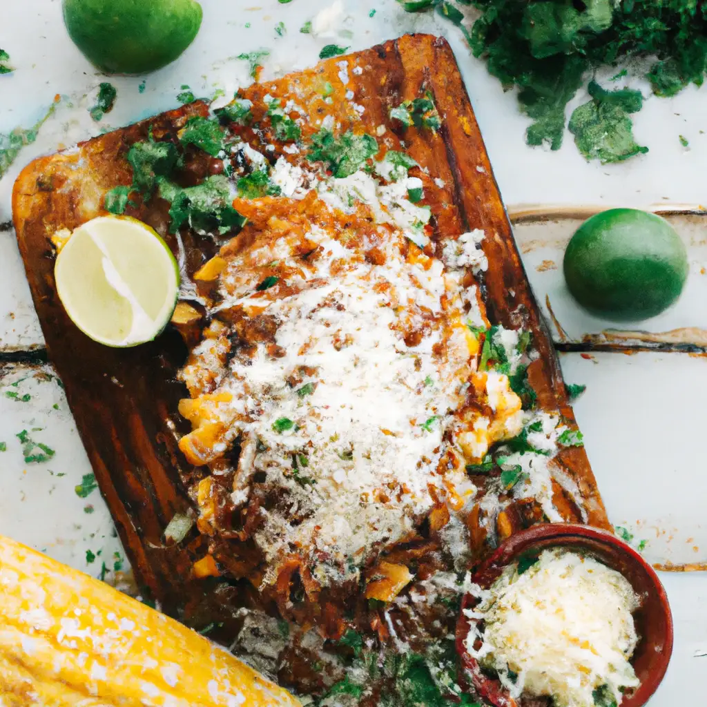 Fresh birria elote on rustic wooden table - 380 calories per serving