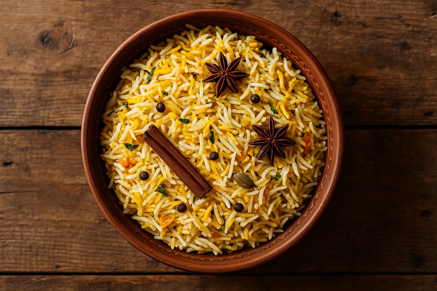 Arroz biryani fresco sobre mesa de madera rústica - 240 calorías por taza