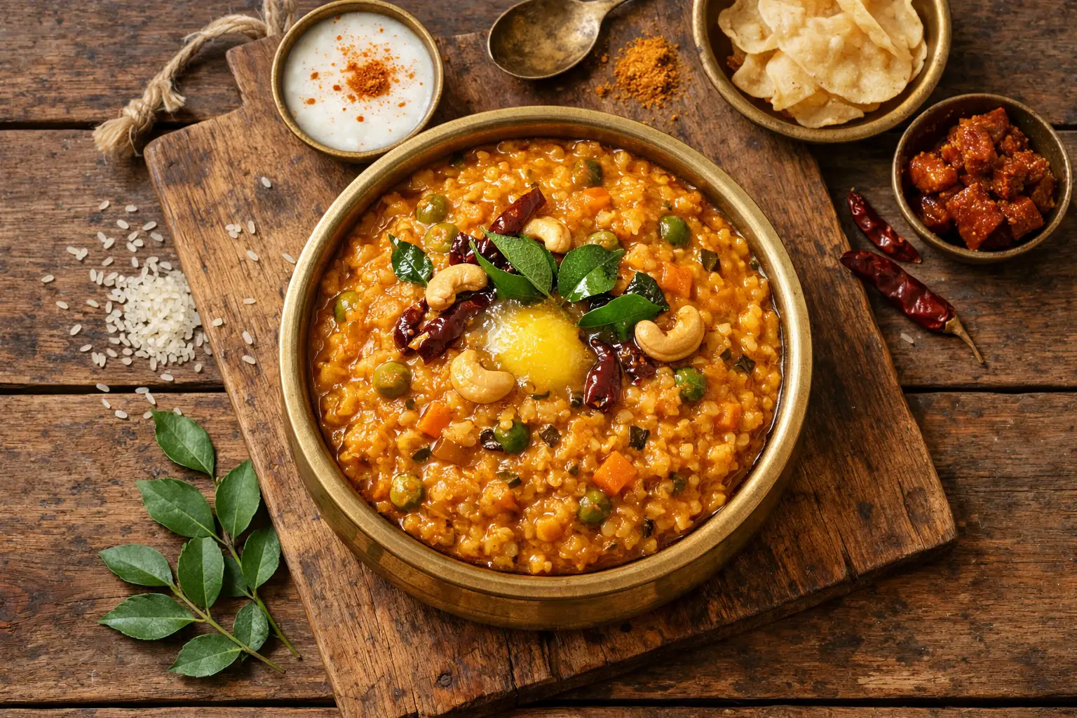 Fresh bisi bele bath on rustic wooden table - 350 calories per serving