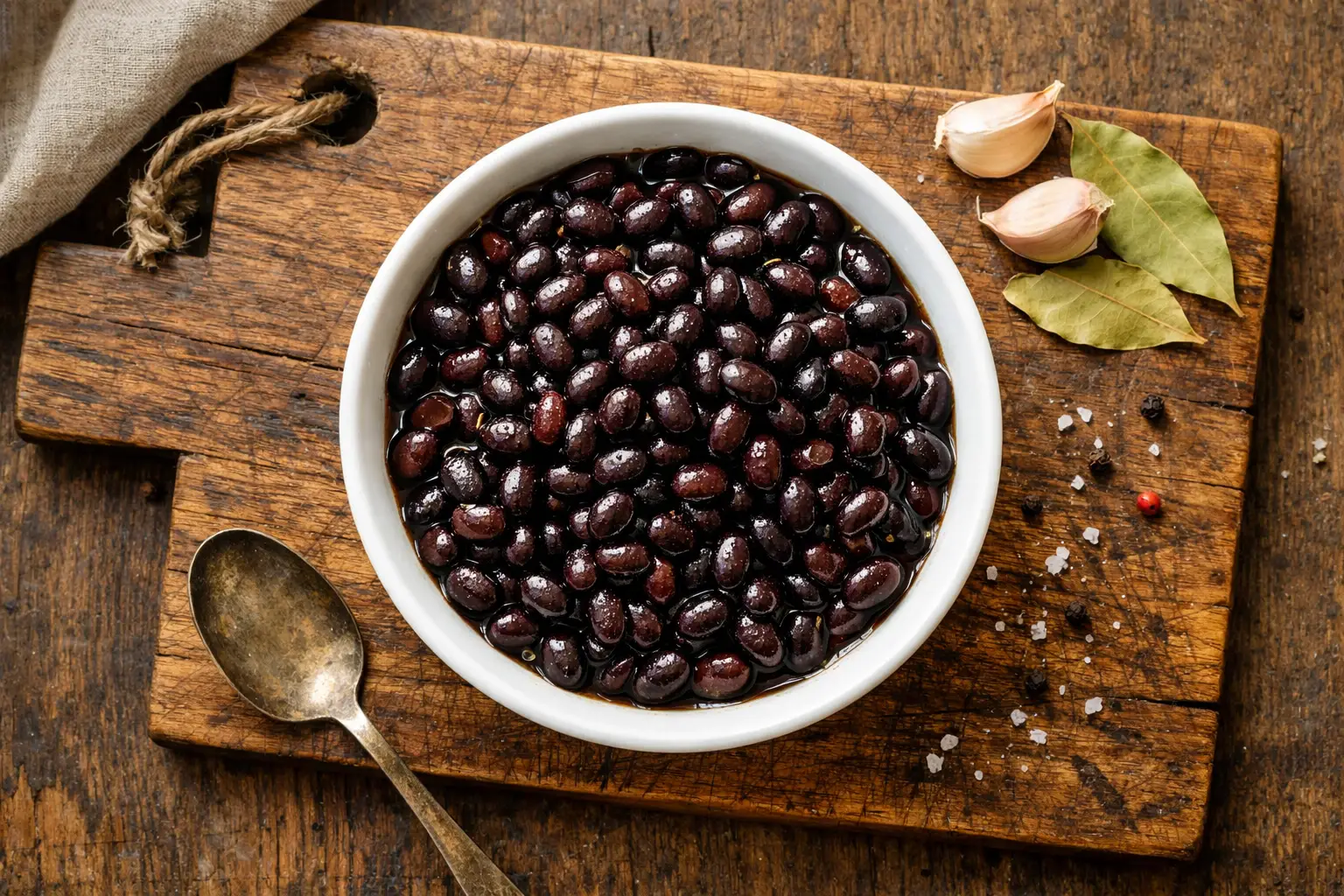 Frische schwarze Bohnen in einer Schüssel auf rustikalem Holztisch - 118 Kalorien pro 130 g Portion