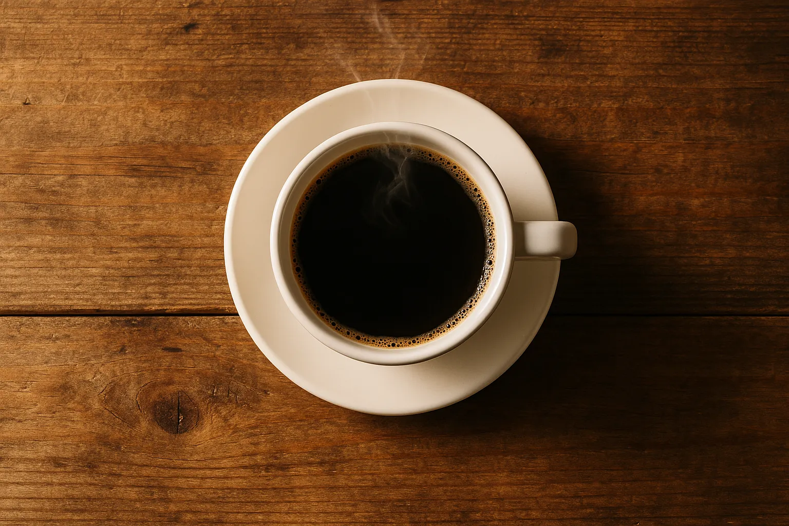 Fresh black coffee in white cup on rustic wooden table - 2 calories per cup