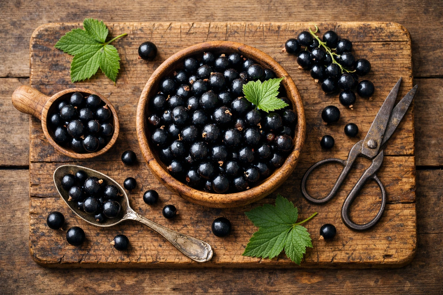 Fresh black currants on rustic wooden table - 63 calories per 100g