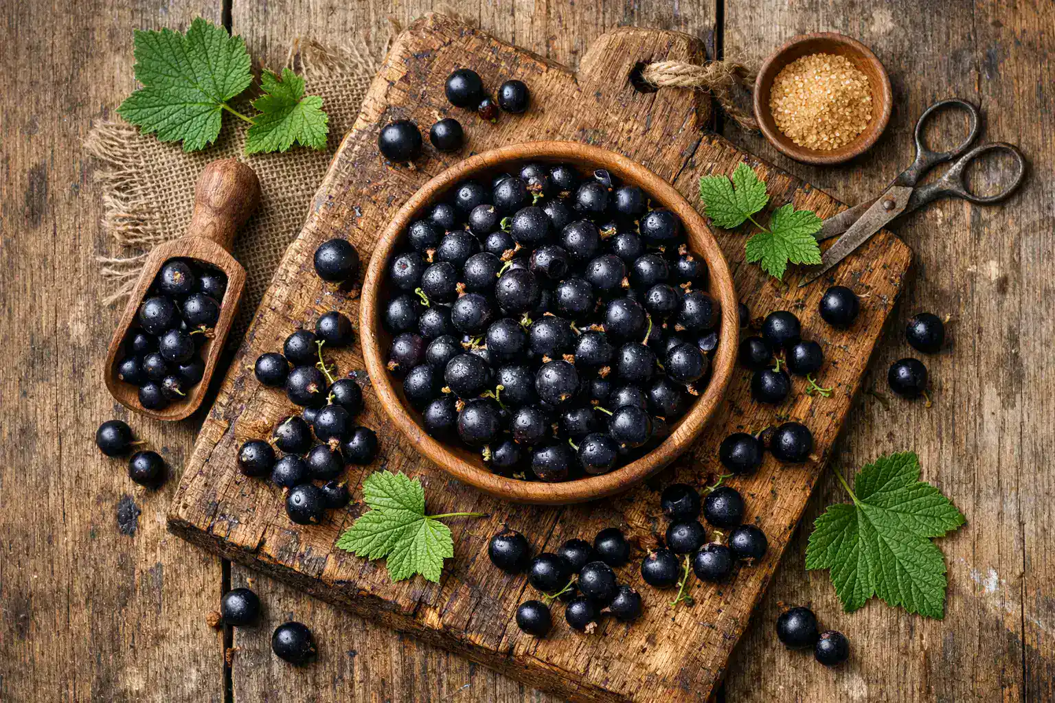 Frische schwarze Johannisbeeren auf rustikalem Holztisch - 63 Kalorien pro 100 g