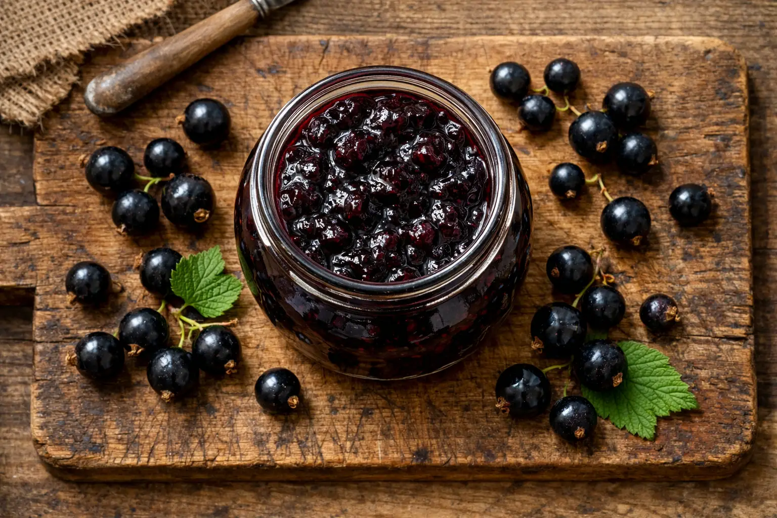 Fresh black currant jam on rustic wooden table - 50 calories per tablespoon