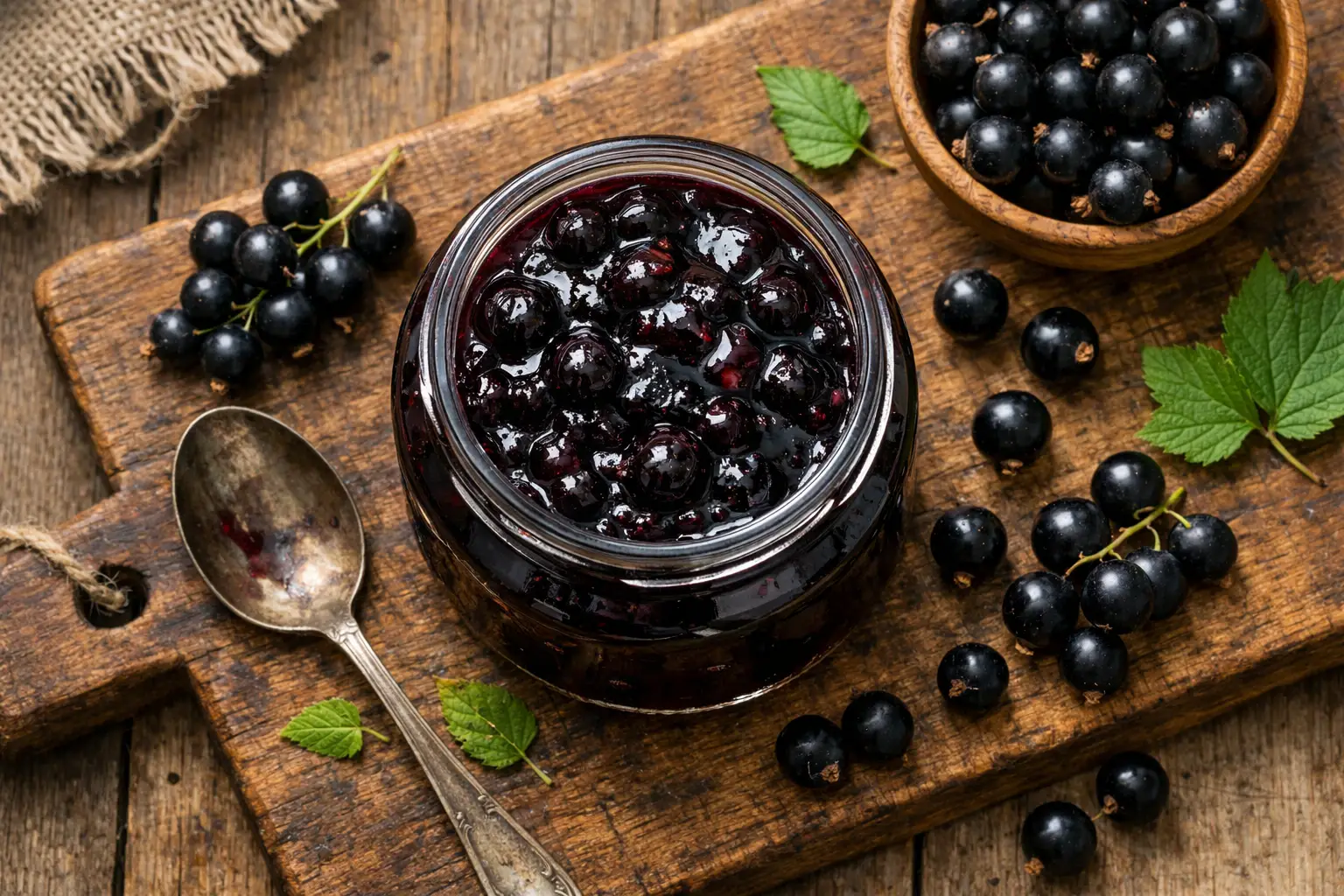 Frische schwarze Johannisbeermarmelade im Glas auf rustikalem Holztisch - 50 Kalorien pro Esslöffel